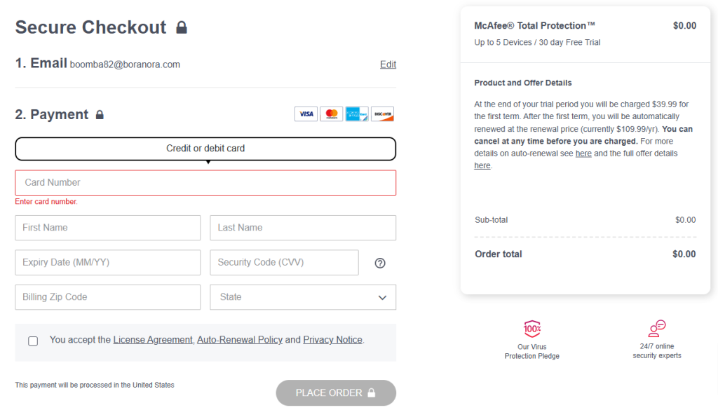 McAfee Antivirus checkout