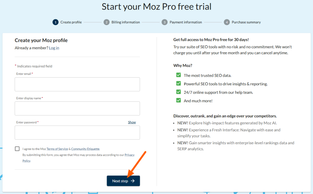 Moz Sign Up Page