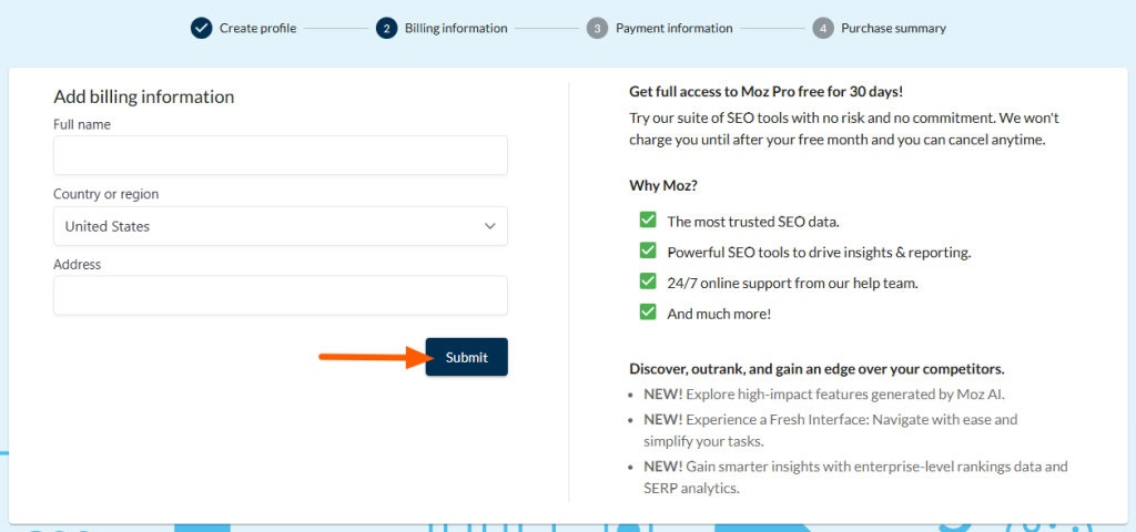 Moz billing information