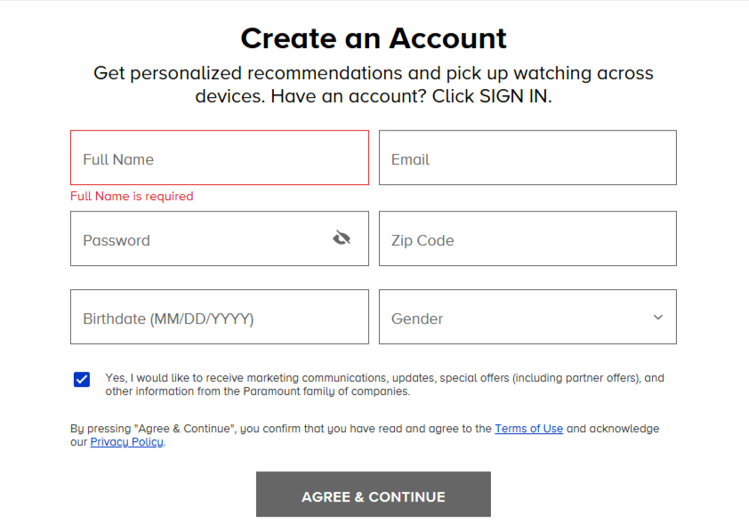 Paramount Plus Account Creation Page