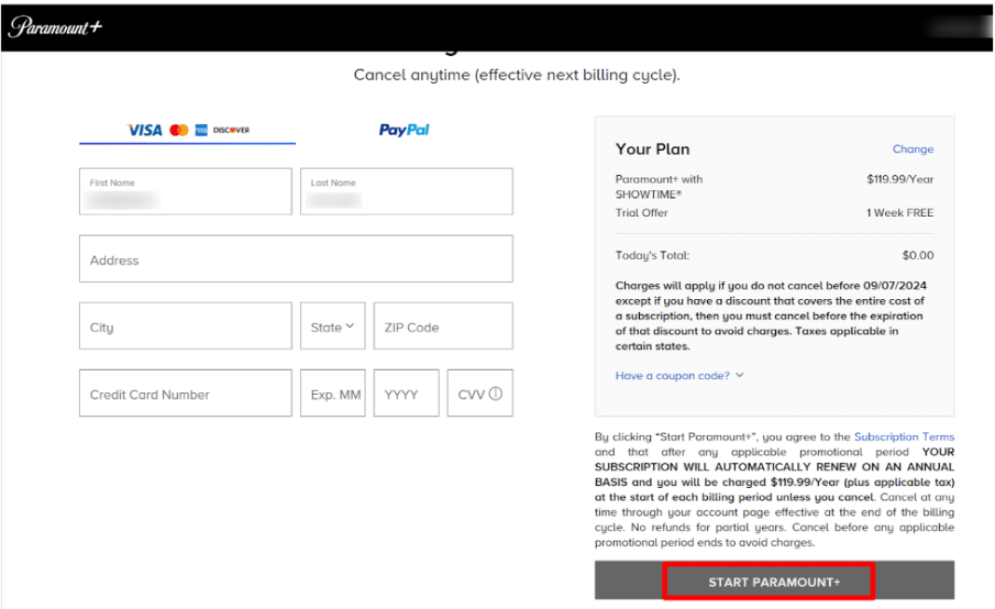 Paramount Plus Checkout Page