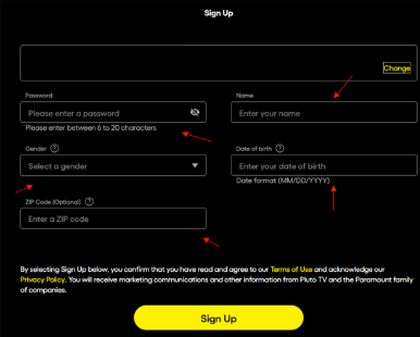 Pluto TV website Signup page