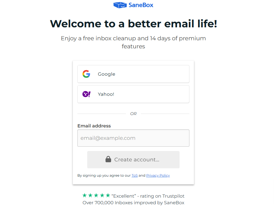SaneBox Email Sign-Up