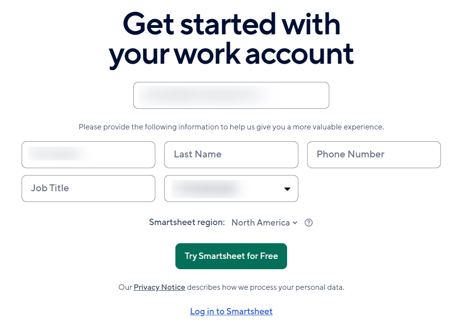 Smartsheet sign up page