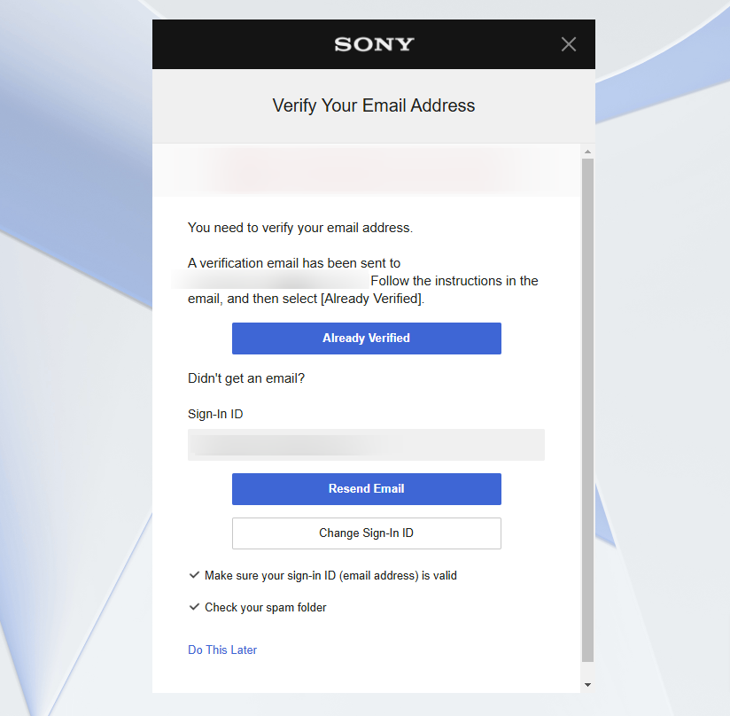 Sony Verify Email