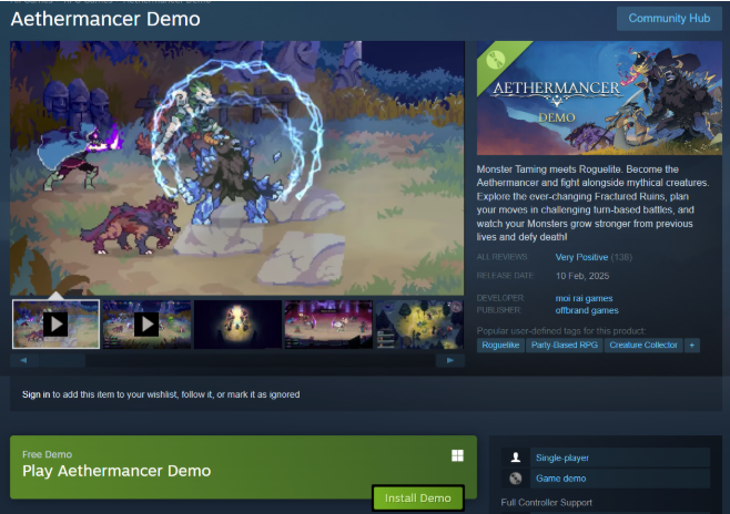 Steam website Install  Demo button