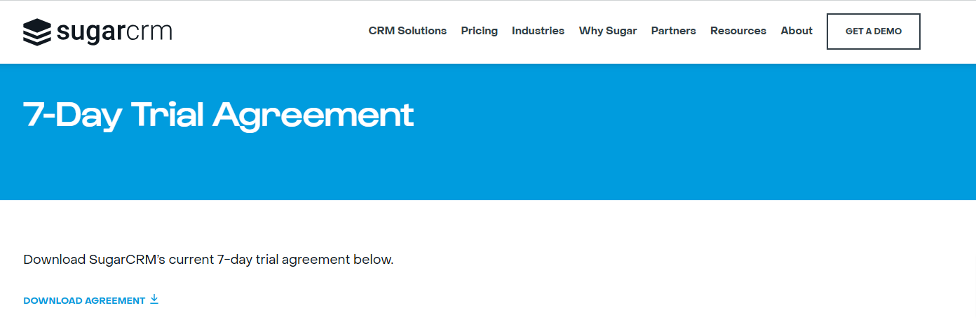 SugarCRM 7-Day Trial Agreement Page