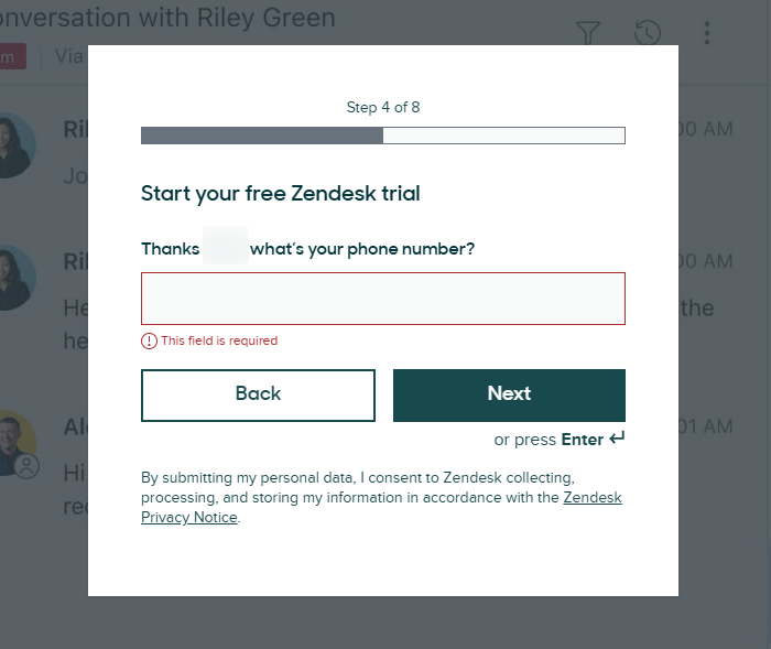 Zendesk phone number page