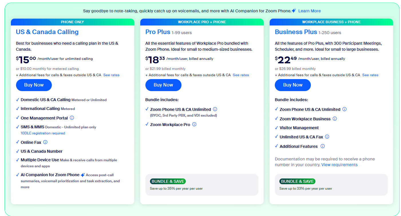 Zoom pricing plans with core features