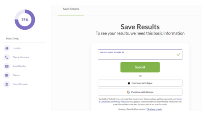 BeenVerified save results page with email submission