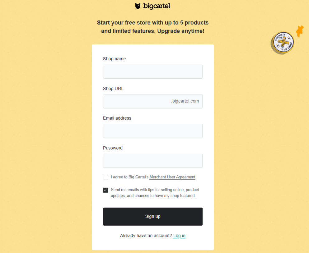 Big Cartel Sign Up Page
