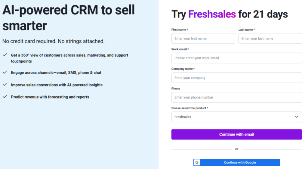 Freshsales CRM Sign Up Page