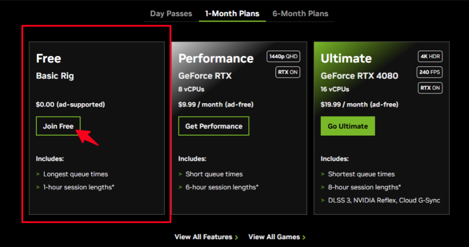 GeForce Now membership section