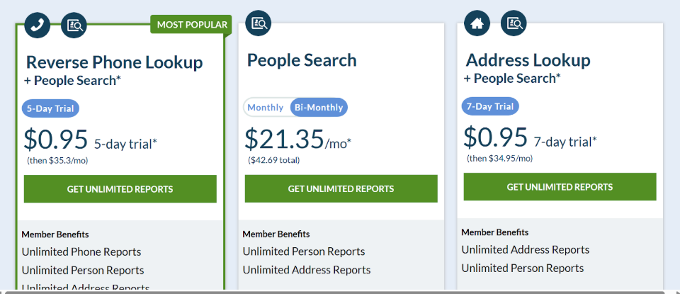 Intelius Pricing page