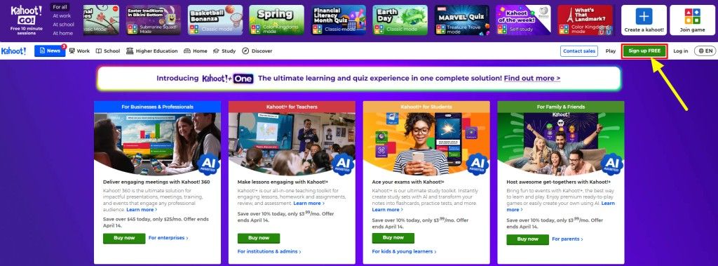 Kahoot Homepage