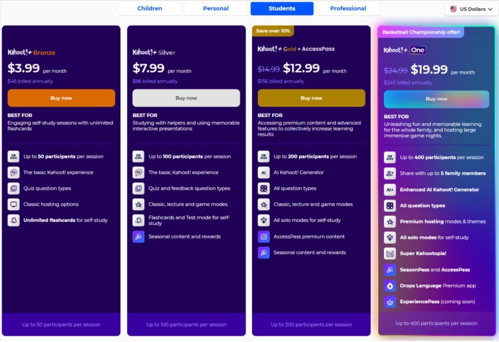 Kahoot Student Plans
