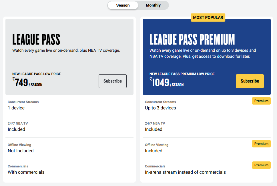 NBA-League-Pass Pricing Plans