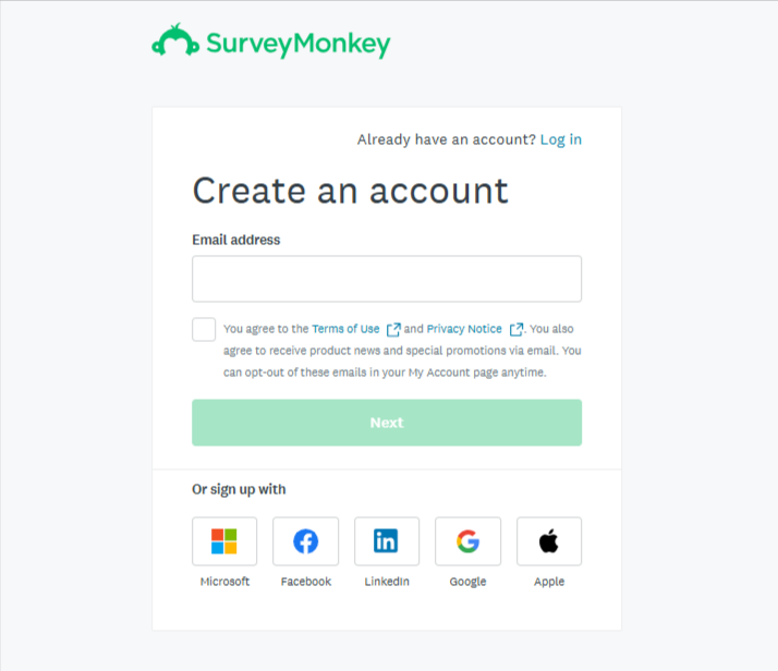 SurveyMonkey Account Creation Page