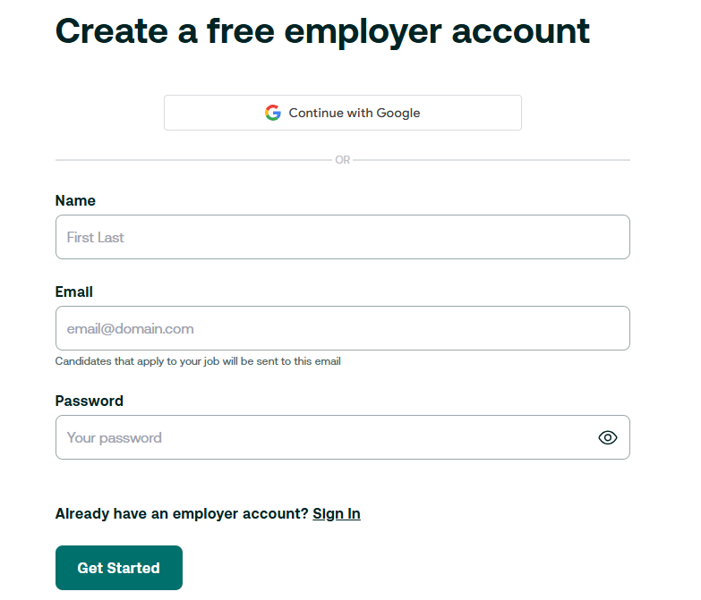 ZipRecruiter Sign Up Page