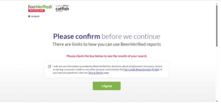 BeenVerified confirmation page with I Agree button