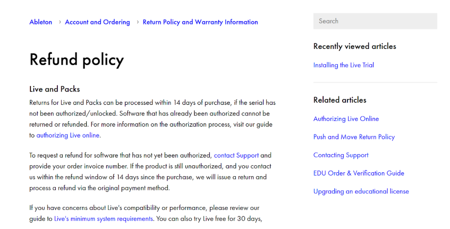 Ableton’s Refund policy