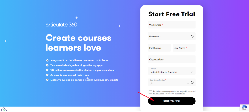 Articulate official free trial page