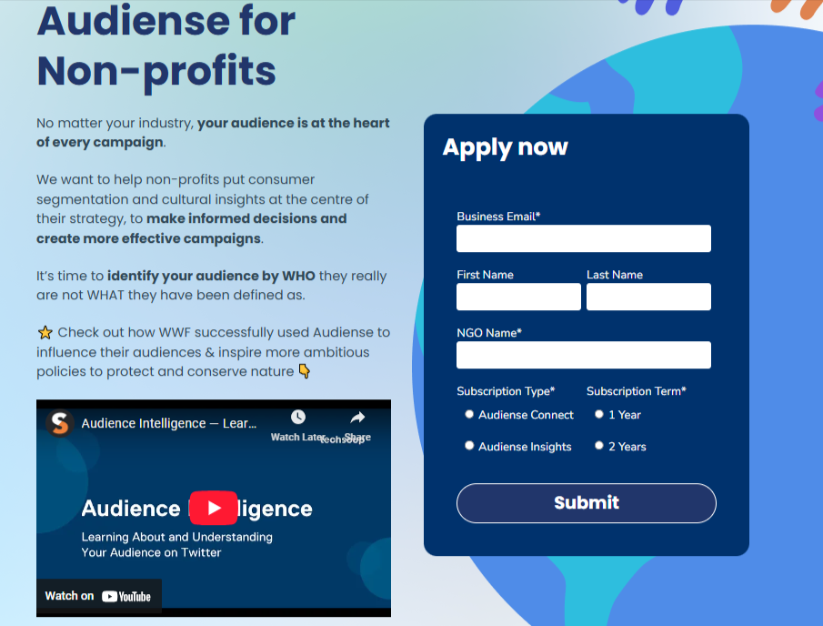 Audiense for Non-profits page