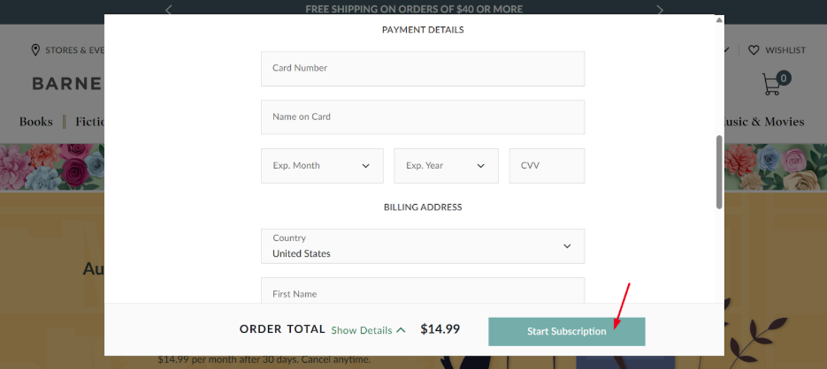 Barnes & Noble subscription payment details