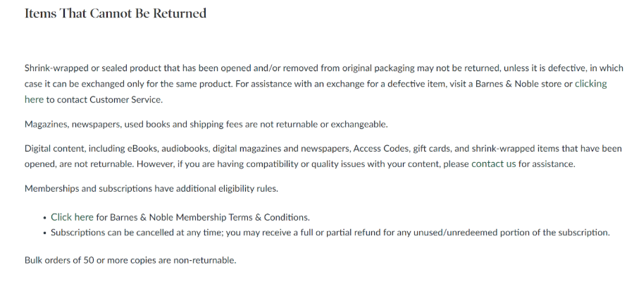 Barnes & Noble trial No refund policy