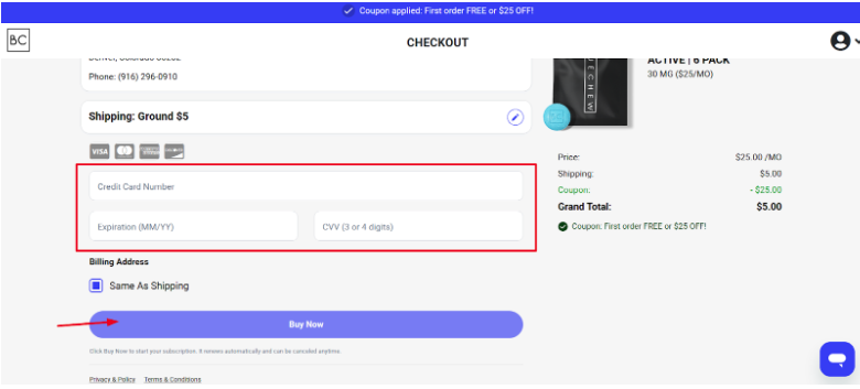 BlueChew Checkout page payment option