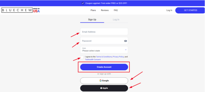 BlueChew sign up page