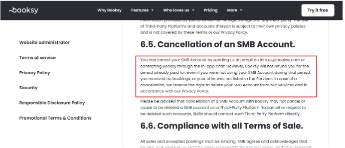 Booksy Cancelation of account