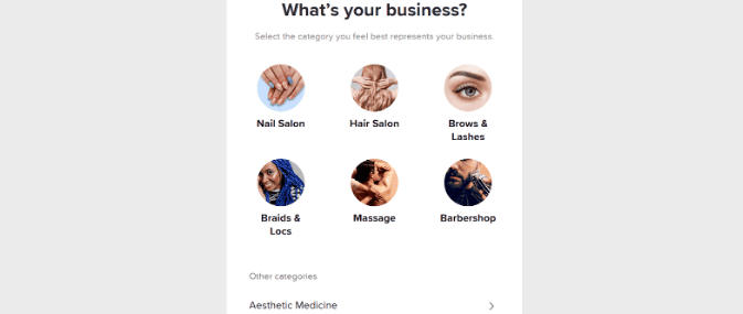 Booksy website category selection 