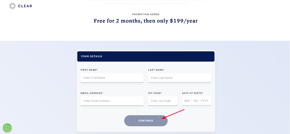 CLEAR Plus Sign up page