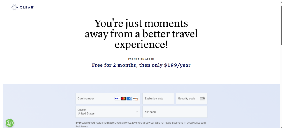 CLEAR Plus payment details for trial