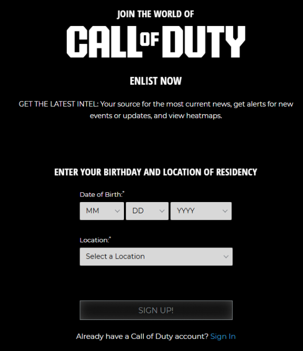 Call of Duty Sign Up page