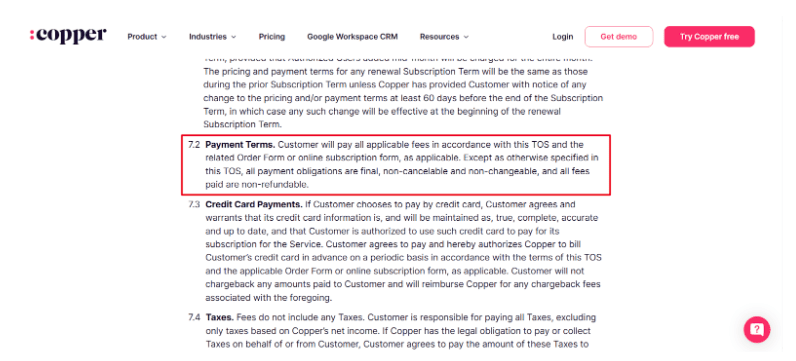 Copper free trial payments terms
