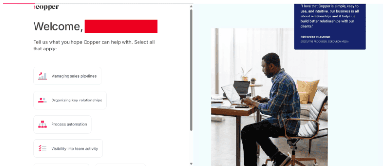 Copper website signup details page