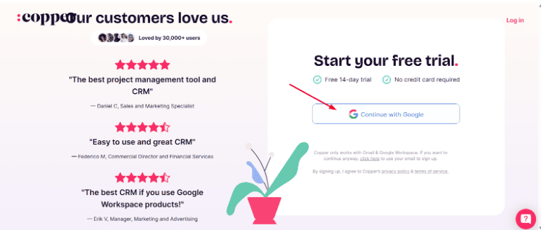 Copper website signup