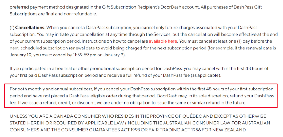 DashPass Refund policy