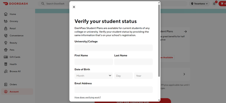 DashPass student account verification
