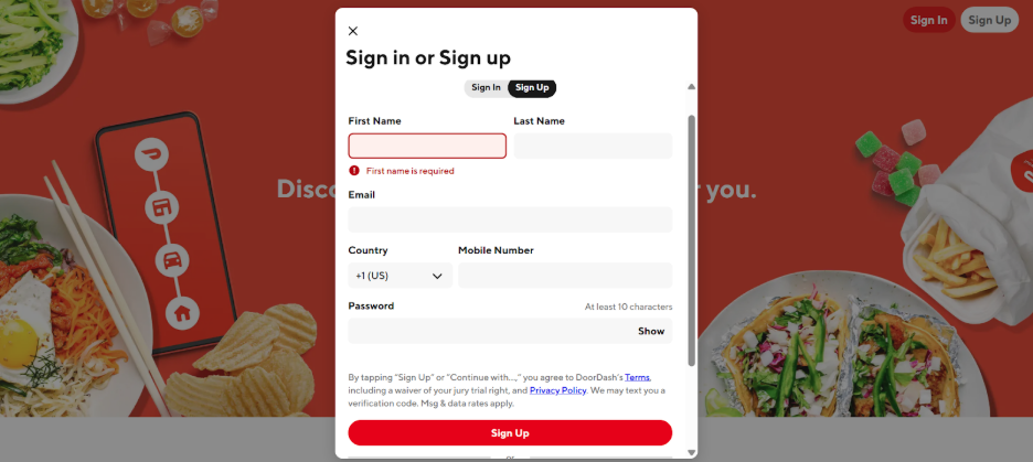 Doordash Sign up Page