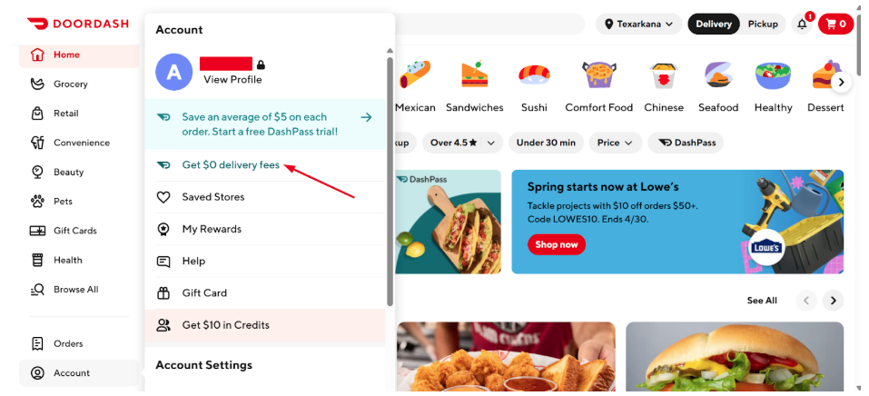 Doordash delivery fees option
