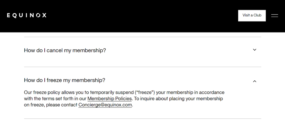Equinox’s Membership Freeze policy