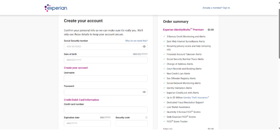 Experian Account Creation form