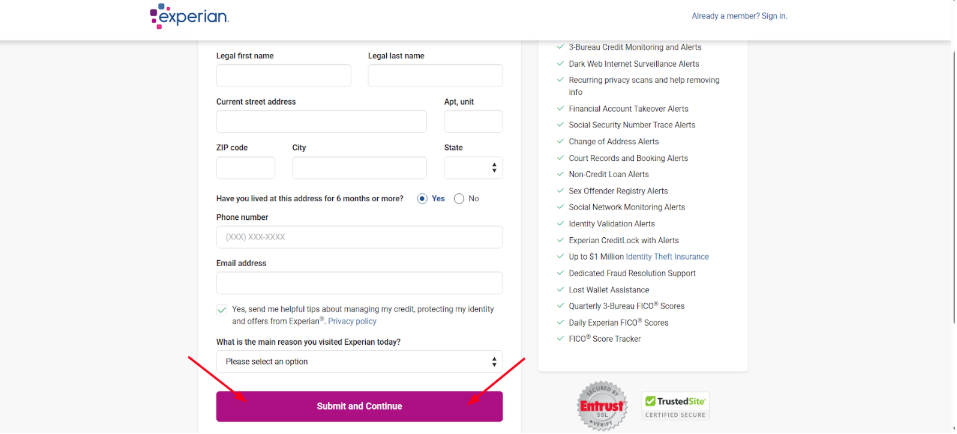 Experian Account Creation page