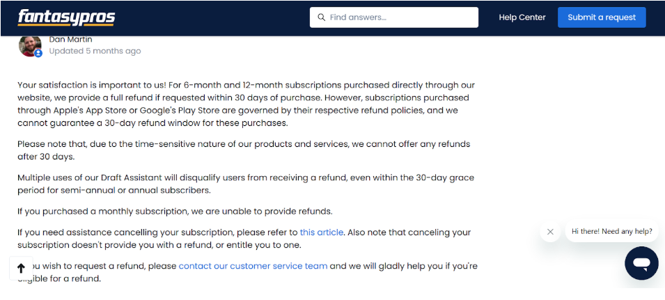 FantasyPro Refumd policy