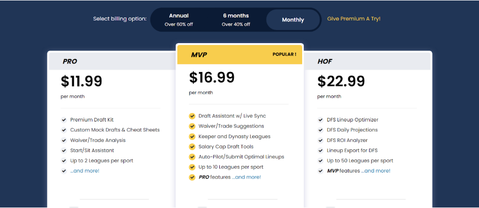 FantasyPro premium subscription tiers