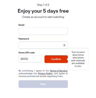 FuboTV account creation page FuboTV account creation page