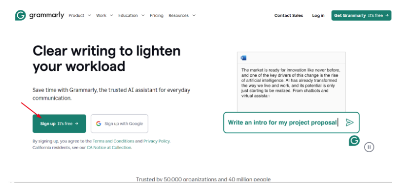 Grammarly Sign up button on homepage